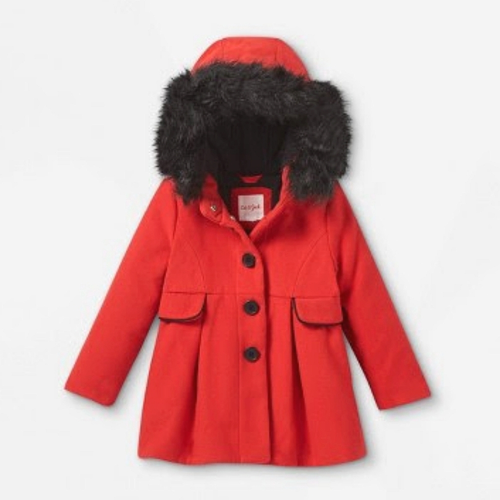 Cat & Jack Girls Faux Fur Hooded Red Pea Coat, Size 6